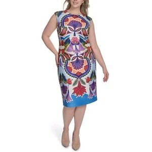 NWT Vince Camuto 14W Bold Floral Print Sheath Midi Dress Colorful Cap Sleeve